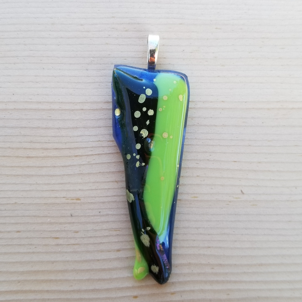 Handmade Green and Blue Fused Glass Triangle Pendant Necklace